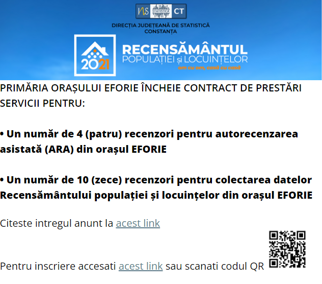 ANUNȚ privind înscrierea în lista candidaților pentru personalul de recensământ  în vederea prestării serviciilor aferente RPL2021 în teritoriu